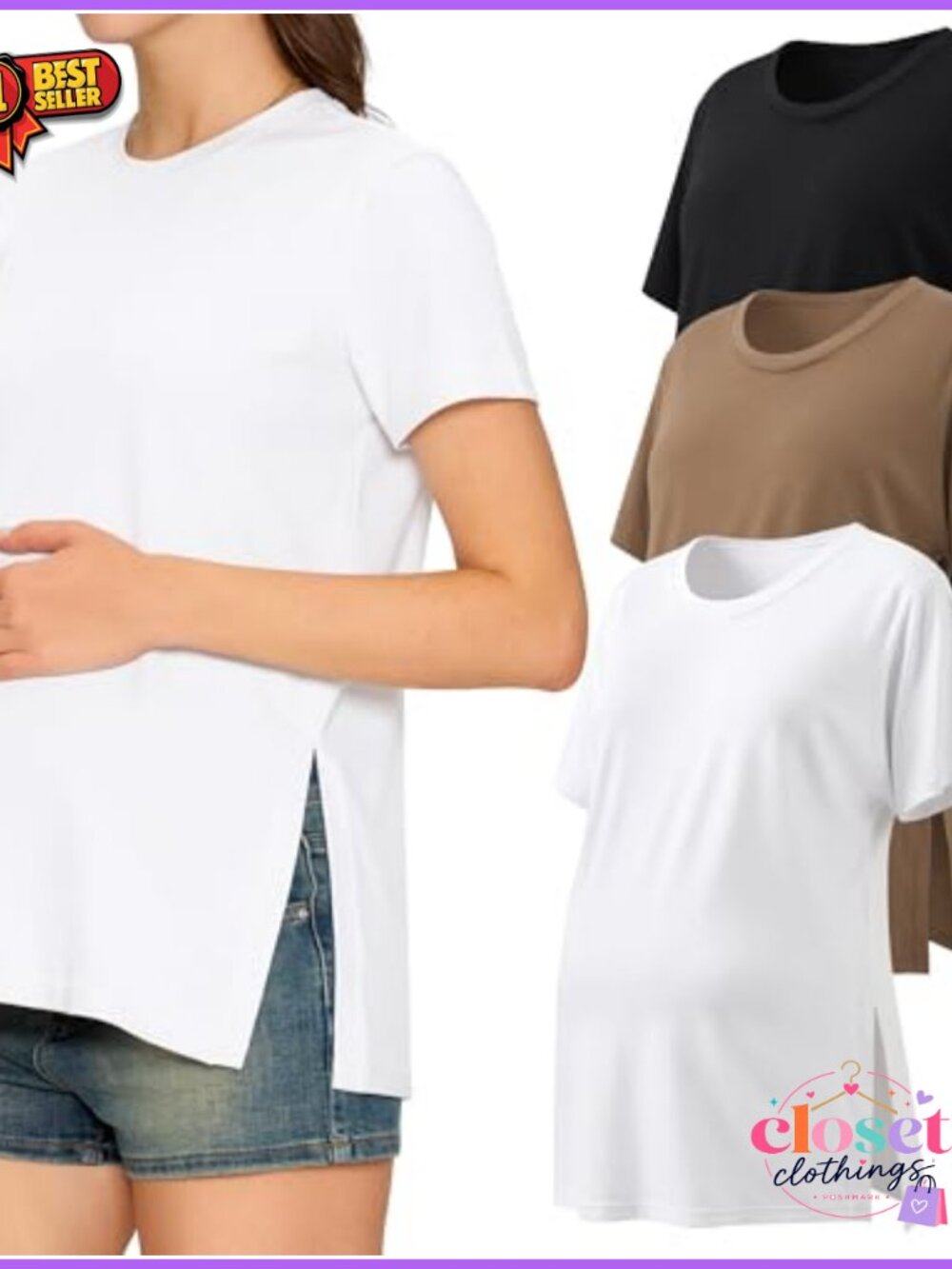 3 Pack Maternity T-Shirts Crew Neck Short Sleeve Stretchy